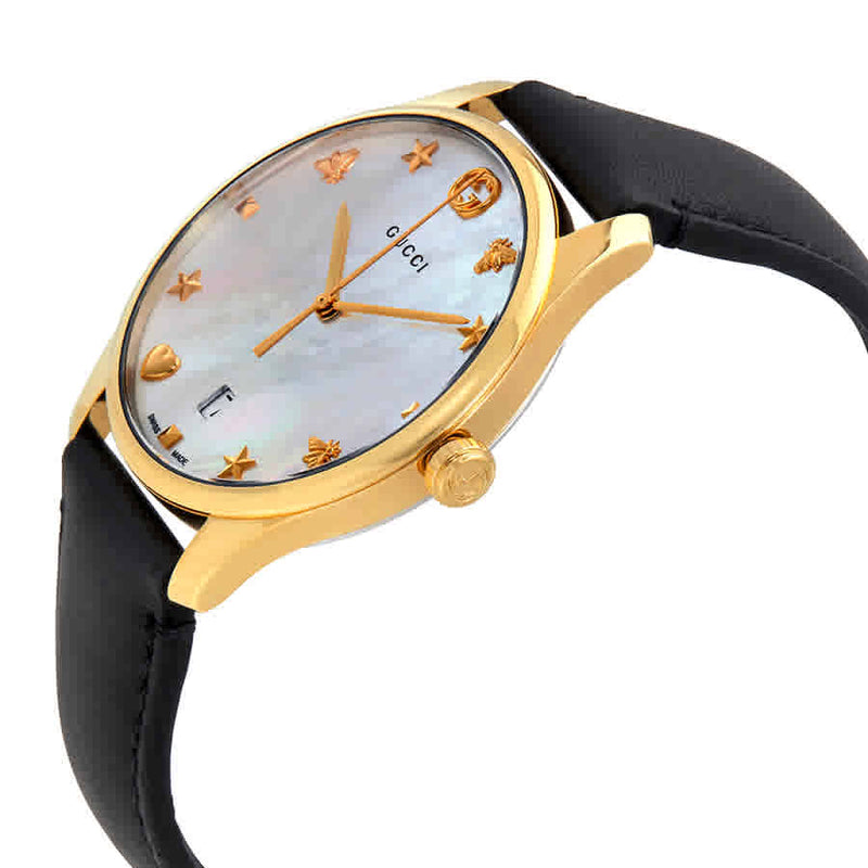 Gucci G-Timeless Mother of Pearl Dial Black Leather Strap Watch For Women - YA1264044 Buy Now By Gucci