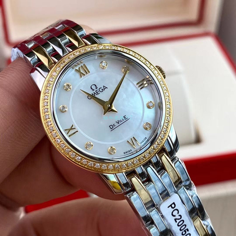 Shop Omega De Ville Prestige Quartz Diamonds Silver Dial Two Tone Steel Strap Watch for Women - 424.25.27.60.52.001 in USA