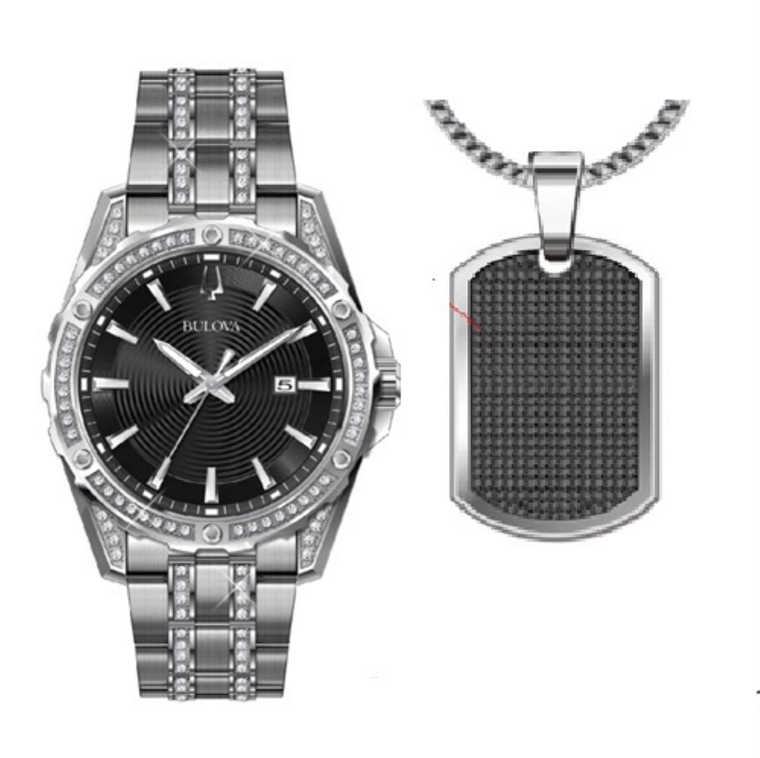 Bulova Crystal Collection Black Dial Silver Steel Strap Watch for Men - 96K104