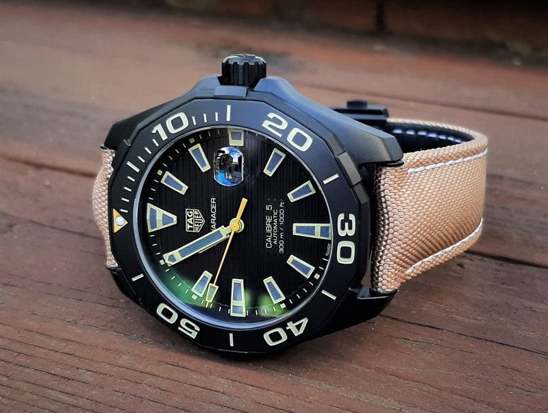 Shop Tag Heuer Aquaracer 300 Calibre 5 Automatic Black Dial Brown Fabric Strap Watch for Men - WAY208C.FC6383 in USA