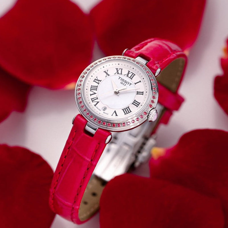 Shop Tissot Bellissima Small Lady Diamonds Mother of Pearl Dial Red Leather Strap Watch For Women - T126.010.66.113.00 in USA