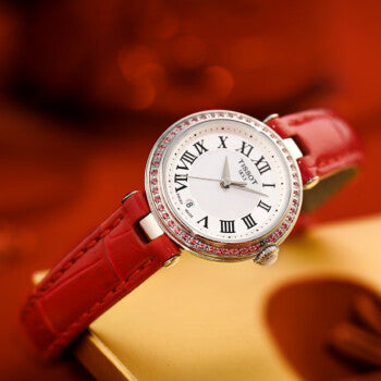 Shop Tissot Bellissima Small Lady Diamonds Mother of Pearl Dial Red Leather Strap Watch For Women - T126.010.66.113.00 in USA
