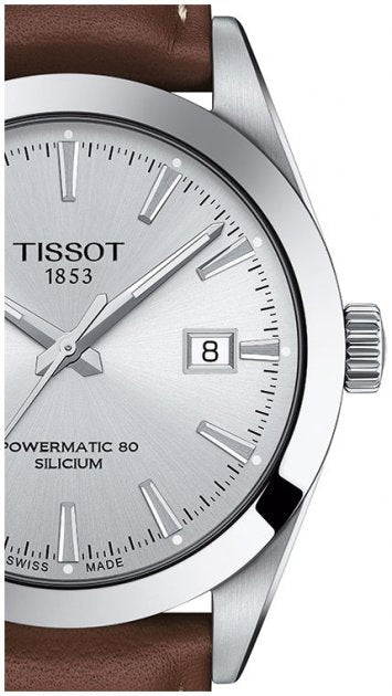 Tissot Gentleman Powermatic 80 Silicium Silver Dial Brown Leather Strap Watch For Men - T127.407.16.031.00