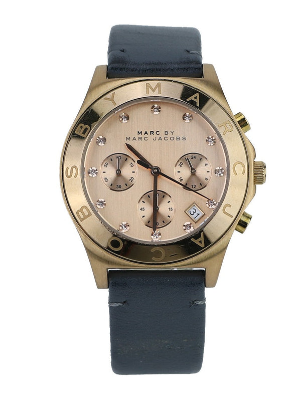 Shop Marc Jacobs Blade Chronograph Rose Gold Dial Black Leather Strap Watch for Women - MBM1188 in USA