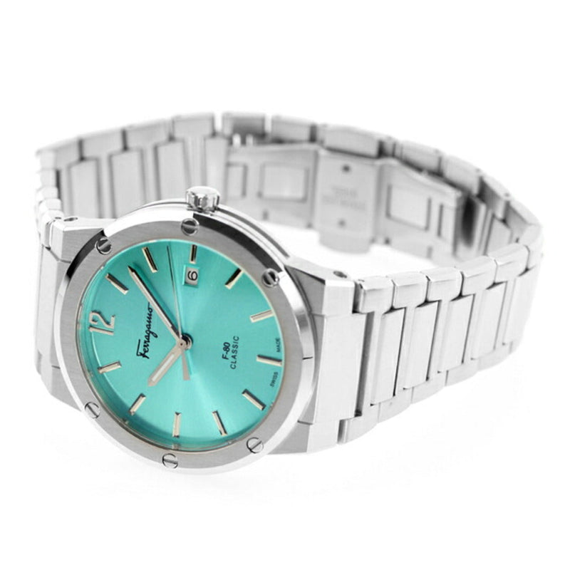 Shop Salvatore Ferragamo F-80 Classic Tiffany Blue Dial Silver Steel Strap Watch for Men - SFDT02323 in USA