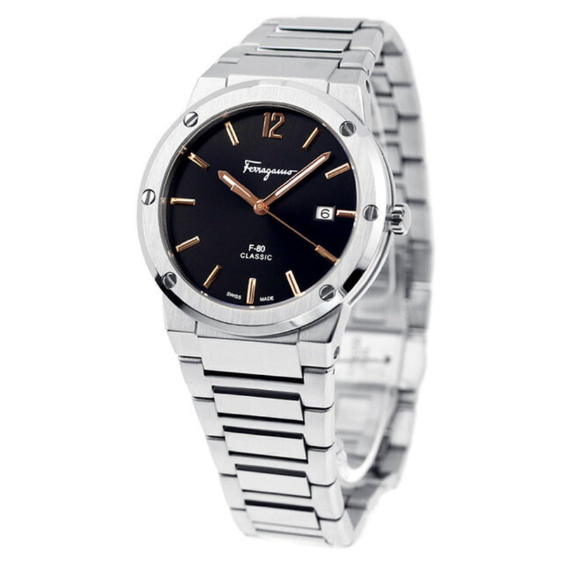 Shop Salvatore Ferragamo F-80 Classic Black Dial Silver Steel Strap Watch for Men - SFDT02423 in USA