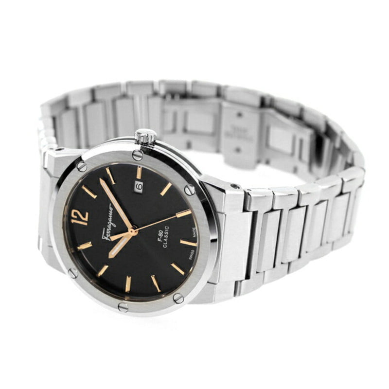 Shop Salvatore Ferragamo F-80 Classic Black Dial Silver Steel Strap Watch for Men - SFDT02423 in USA