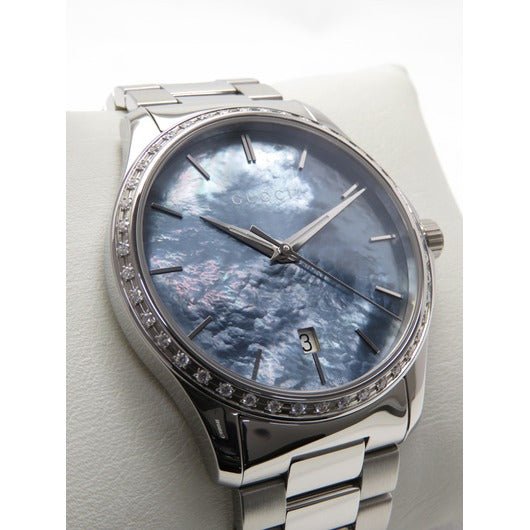 Shop Gucci G Timeless Diamonds Mother of Pearl Blue Dial Silver Steel Strap Unisex Watch - YA126458 in USA