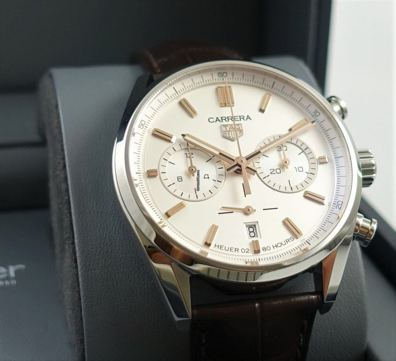Tag Heuer Carrera Chronograph White Dial Brown Leather Strap Watch for Men - CBN2013.FC6483