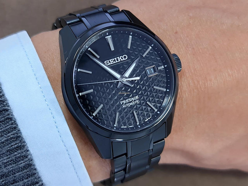 Shop Seiko Presage Sharp Edged Series Black Dial Black Steel Strap Watch For Men - SPB229J1 in USA