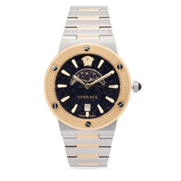 Versace Greca Logo Moonphase Black Dial Two Tone Steel Strap Watch for Men - VE7G00223 Buy Now By Versace