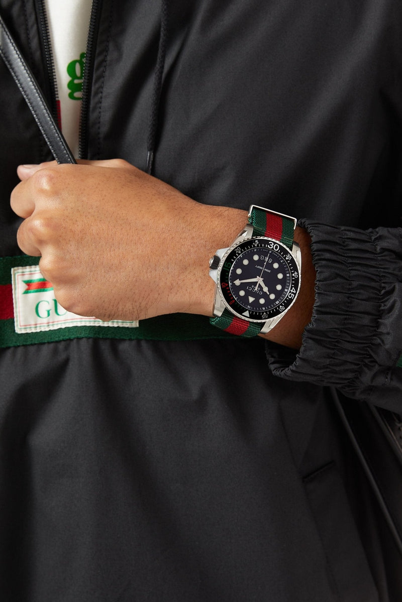 Shop Gucci Dive Black Dial Red & Green Nylon Strap Watch For Men - YA136209 in USA