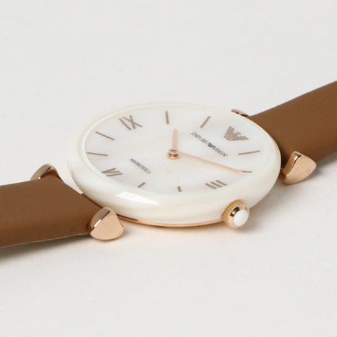Emporio Armani Gianni T Bar Quartz Mother of Pearl White Dial Brown Leather Strap Watch For Women - AR11040 Buy Now By Emporio Armani
