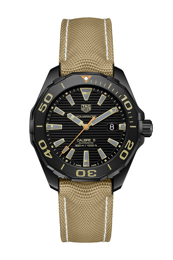 Shop Tag Heuer Aquaracer 300 Calibre 5 Automatic Black Dial Brown Fabric Strap Watch for Men - WAY208C.FC6383 in USA