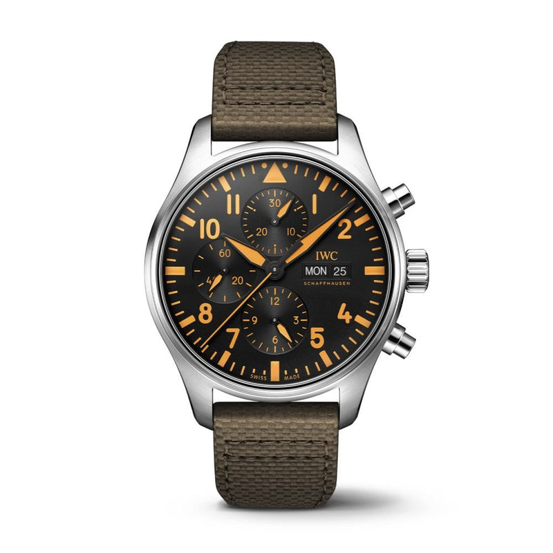 Shop IWC Pilot's Watch Chronograph Black Dial Olive Green Calfskin Strap Watch for Men - IW377730 in USA