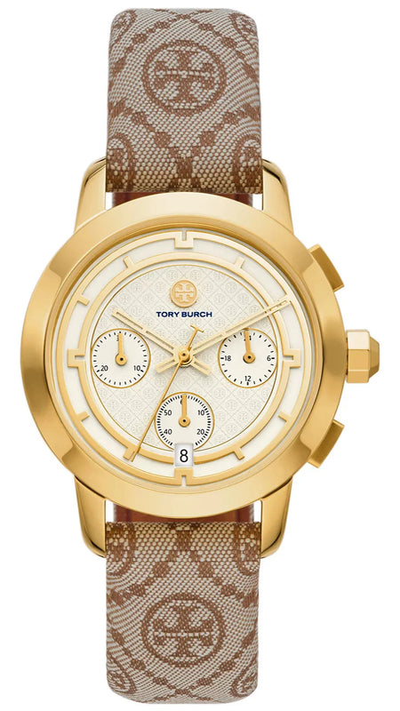 Tory Burch The Tory Chronograph White Dial Maroon Jacquard Strap Watch for Women - TBW1050