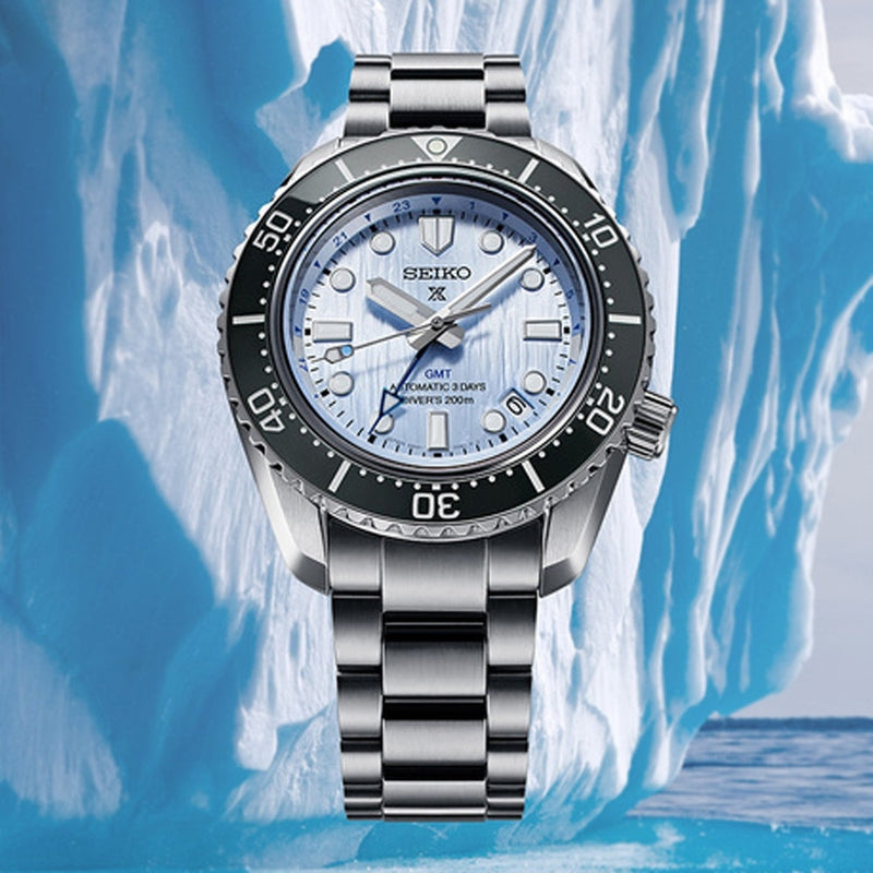 Shop Seiko Prospex Limited Edition Automatic GMT Glacier Blue Dial Silver Steel Strap Watch For Men - SPB385J1 in USA