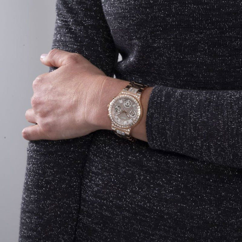 Guess Moonlight Multi Function Diamonds White Dial Rose Gold Steel Strap Watch for Women - GW0320L3 Buy Now By Guess