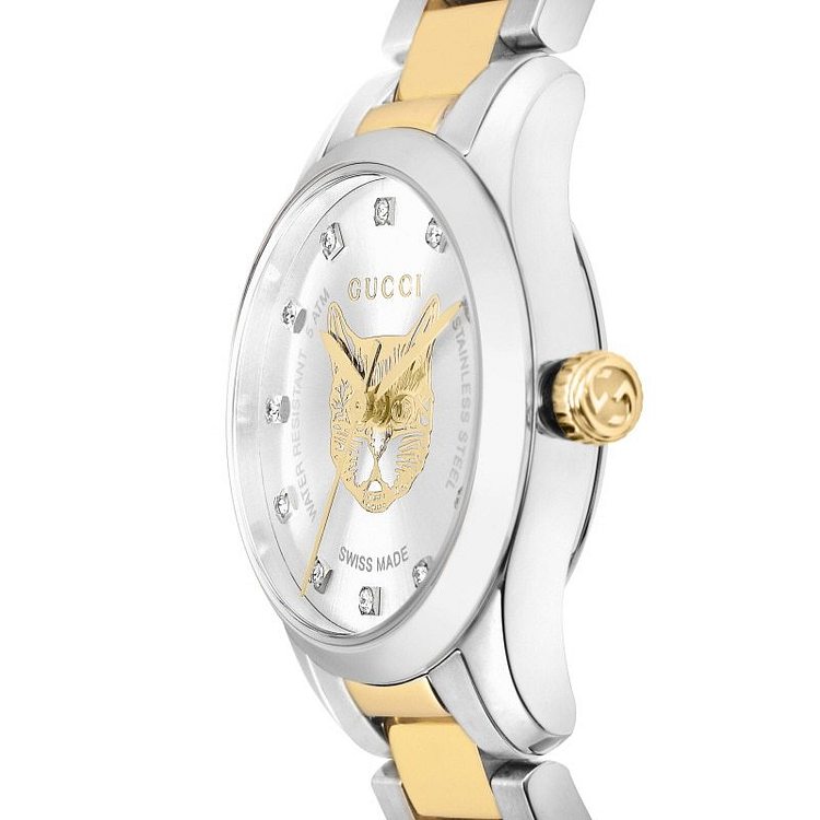 Shop Gucci G Timeless Quartz Diamonds Silver Dial Two Tone Steel Strap Watch For Women - YA1265016 in USA