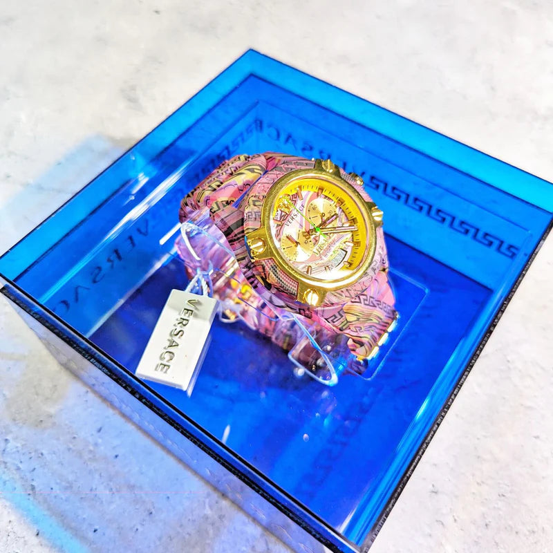 Versace Icon Active Chronograph Quartz Gold Dial Red Leather Strap Watch For Men - VEZ701222 Buy Now By Versace