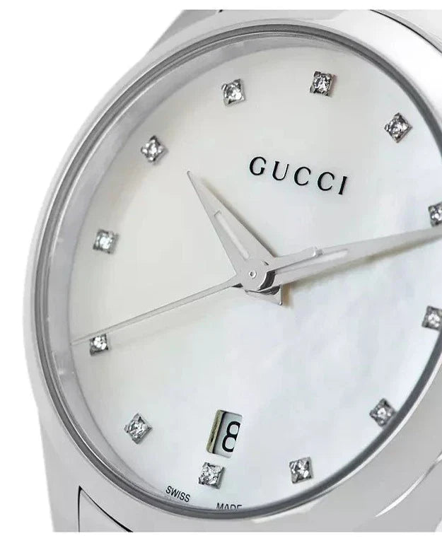 Shop Gucci G Timeless Diamonds Mother of Pearl Dial Silver Steel Strap Watch For Women - YA126542 in USA