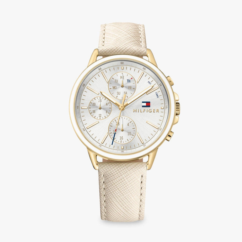 Shop Tommy Hilfiger Carly Silver Dial Cream Leather Strap Watch for Women - 1781790 in USA
