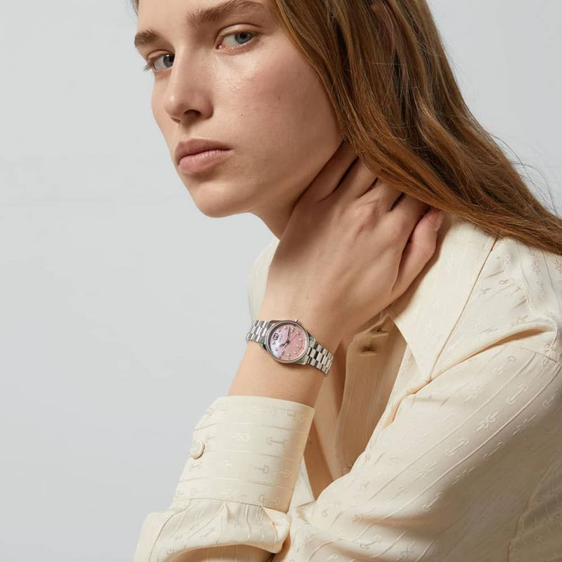 Gucci G Timeless Diamonds Mother of Pearl Pink Dial Silver Steel Strap Watch for Women - YA1265062 Buy Now By Gucci