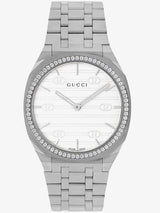 Shop Gucci 25H Quartz Silver Dial Silver Steel Strap Unisex Watch - YA163407 in USA
