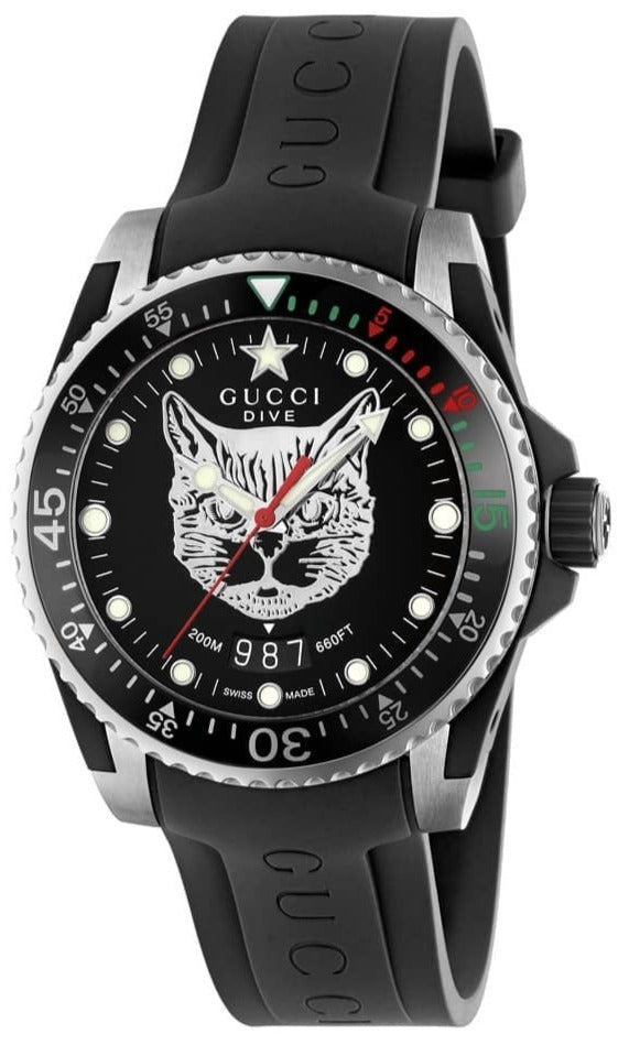 Shop Gucci Dive Feline Black Dial Black Rubber Strap Watch For Men - YA136320 in USA