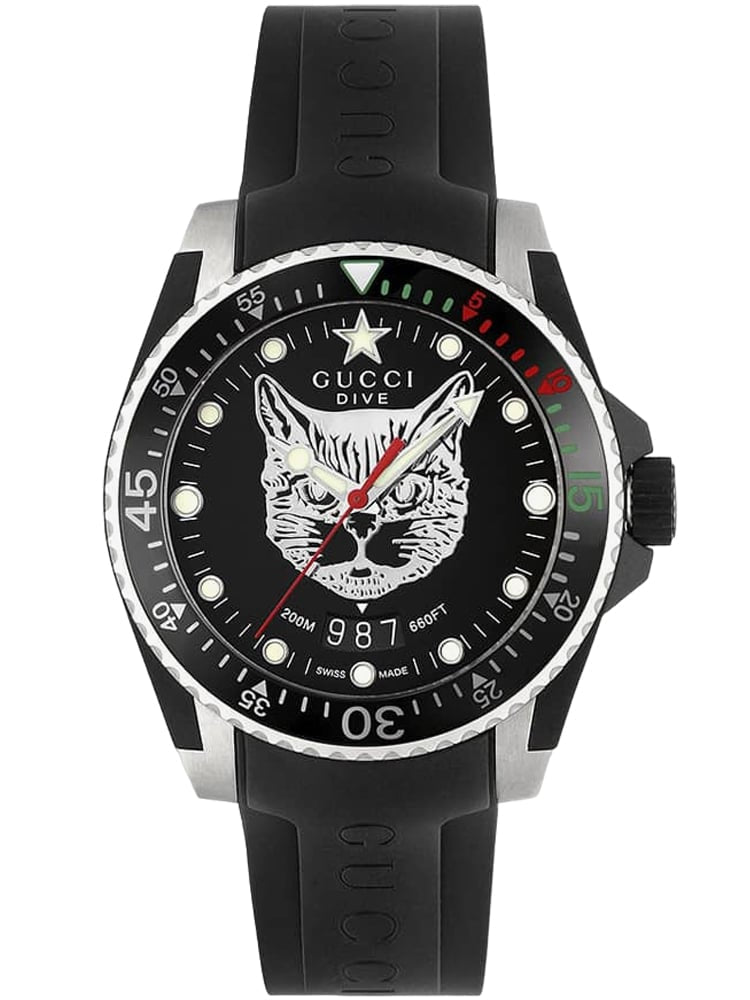 Shop Gucci Dive Feline Black Dial Black Rubber Strap Watch For Men - YA136320 in USA