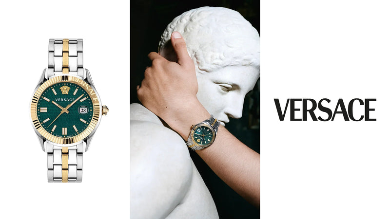 Versace Greca Time Quartz Green Dial Two Tone Steel Strap Watch For Men - VE3K00422 Buy Now By Versace