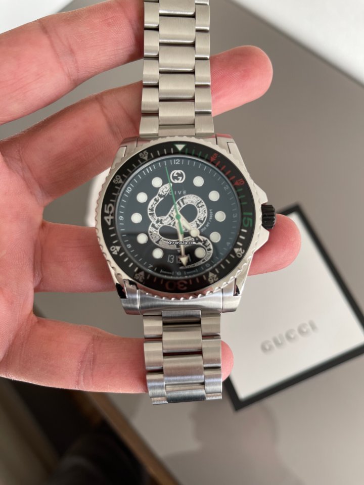 Shop Gucci Dive Snake Black Dial Silver Steel Strap Watch For Men - YA136218 in USA