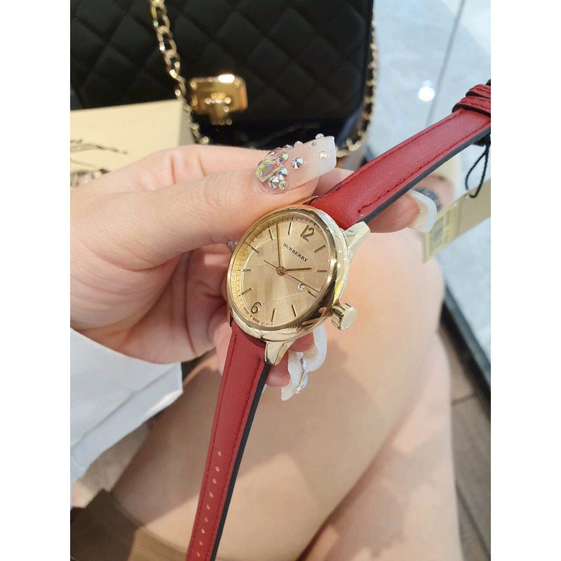 Shop Burberry The Classic Gold Dial Red Leather Strap Watch for Women - BU10102 in USA
