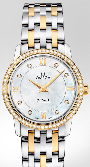 Shop Omega De Ville Prestige Quartz Diamonds Mother of Pearl Dial Two Tone Steel Strap Watch for Women - 424.25.27.60.55.001 in USA