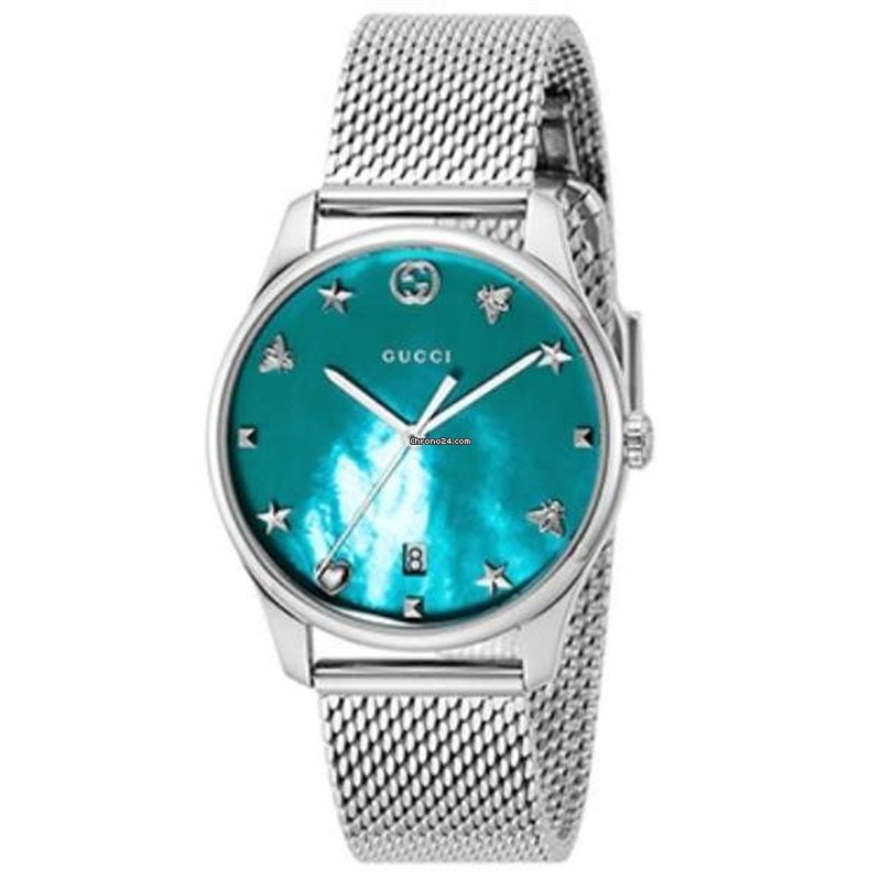 Gucci G-Timeless Turquoise Mother of Pearl Dial Silver Mesh Bracelet Watch For Women - YA126582 Buy Now By Gucci