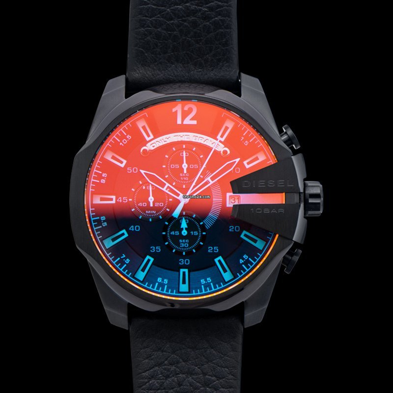 Shop Diesel Mega Chief Black Dial Black Leather Strap Watch For Men - DZ4323 in USA
