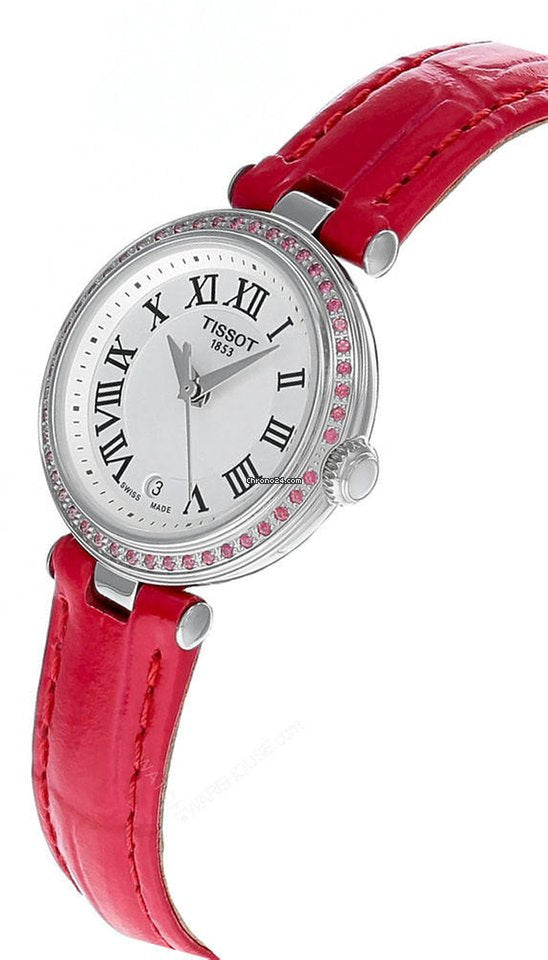 Shop Tissot Bellissima Small Lady Diamonds Mother of Pearl Dial Red Leather Strap Watch For Women - T126.010.66.113.00 in USA