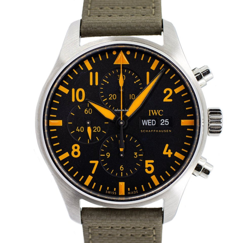 Shop IWC Pilot's Watch Chronograph Black Dial Olive Green Calfskin Strap Watch for Men - IW377730 in USA