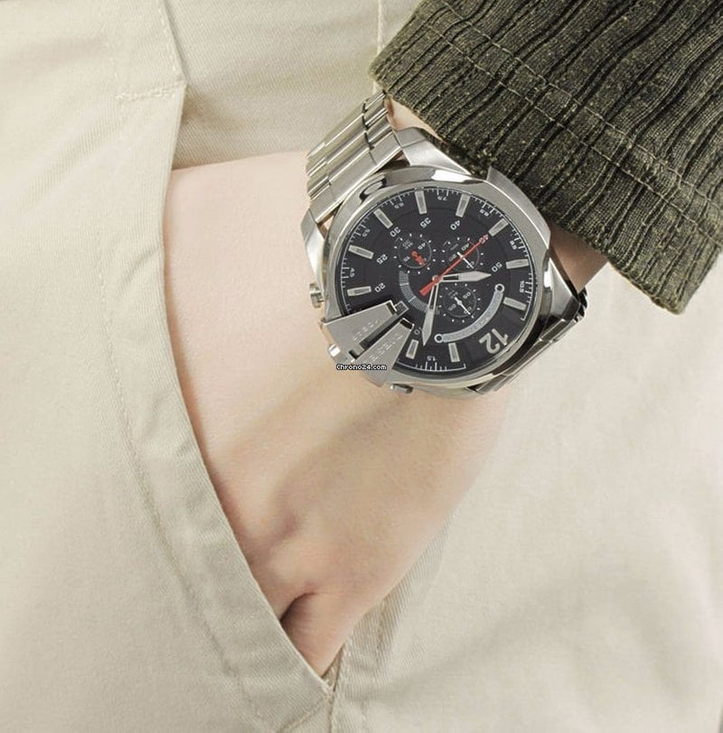 Diesel Mega Chief Chronograph Black Dial Silver Steel Strap Watch For Men - DZ4308 Buy Now By Diesel