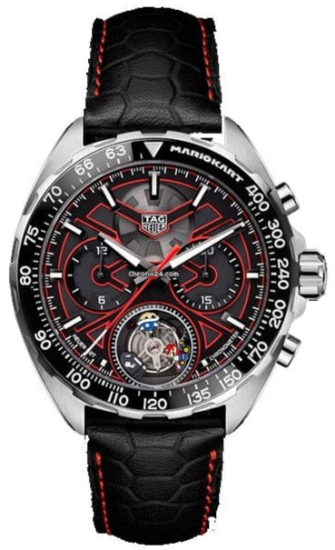 Shop Tag Heuer Formula 1 Mario Kart Chronograph Tourbillion Black Dial Black Leather Strap Watch for Men - CAZ5080.FC6517 in USA