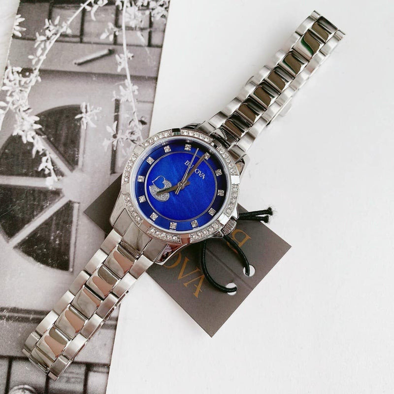 Bulova Crystal Collection Blue Mother of Pearl Dial Silver Steel Strap Watch for Women - 96L238