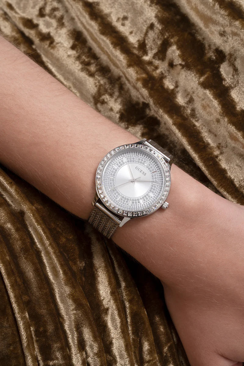 Shop Guess Soiree Diamonds Silver Dial Silver Mesh Bracelet Watch for Women - GW0402L1 in USA