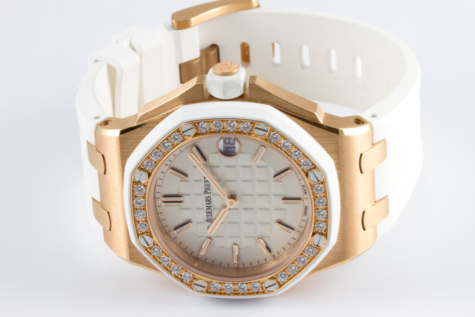 Audemars Piguet Royal Oak Offshore Diamonds White Dial White Rubber Strap Watch for Women - 67540OK.ZZ.D010CA.01