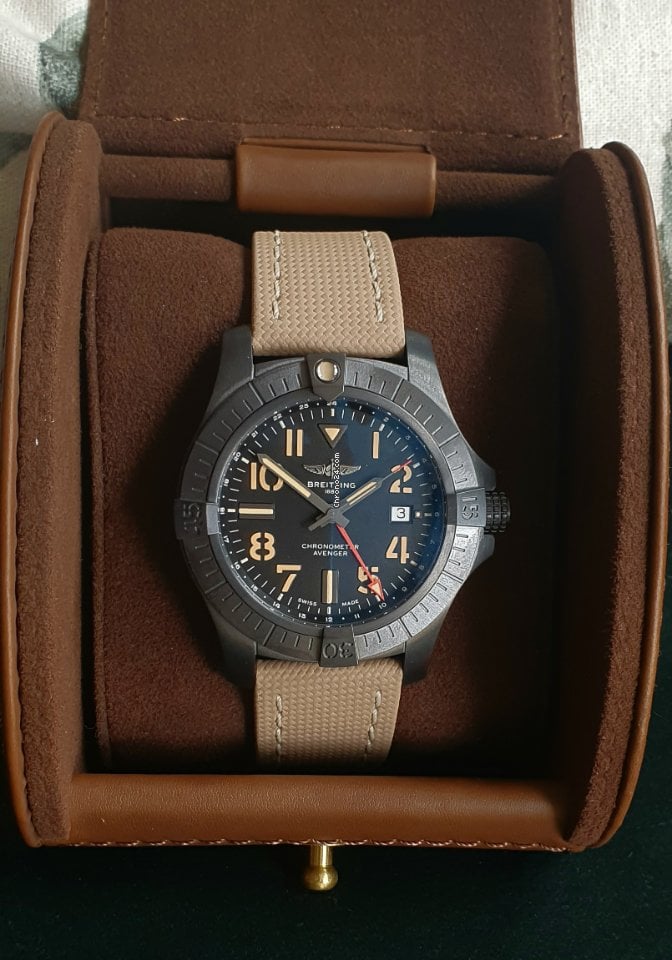 Shop Breitling Avenger Automatic GMT 45 Black Dial Brown Nylon Strap Watch for Men - V32395101B1X1 in USA