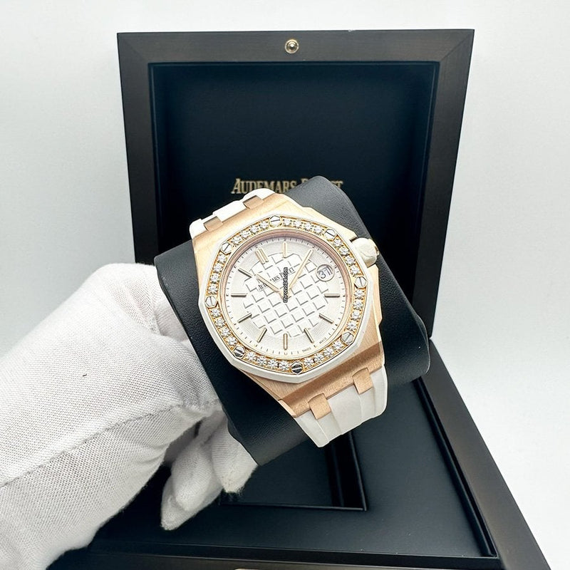 Audemars Piguet Royal Oak Offshore Diamonds White Dial White Rubber Strap Watch for Women - 67540OK.ZZ.D010CA.01