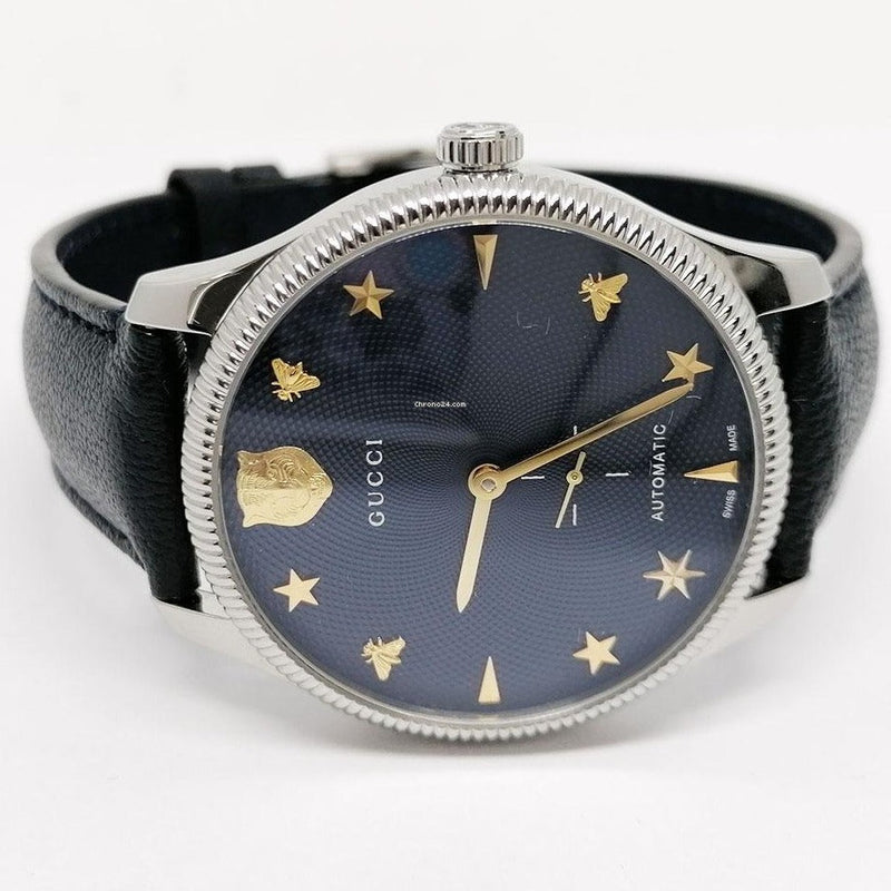 Shop Gucci G Timeless Automatic Blue Dial Black Leather Strap Watch For Men - YA126347 in USA