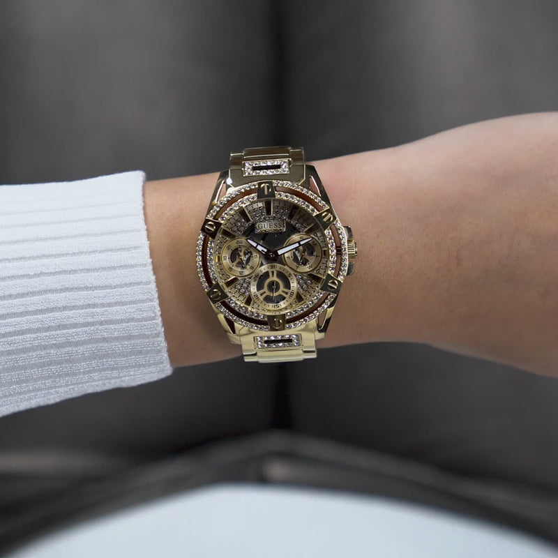 Shop Guess Queen Quartz Gold Dial Gold Steel Strap Watch For Women - GW0464L2 in USA