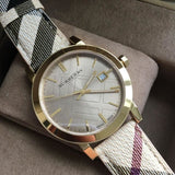 Burberry The City Gold Dial Haymarket Brown Leather Strap Watch for Women - BU9026 Buy Now By Burberry