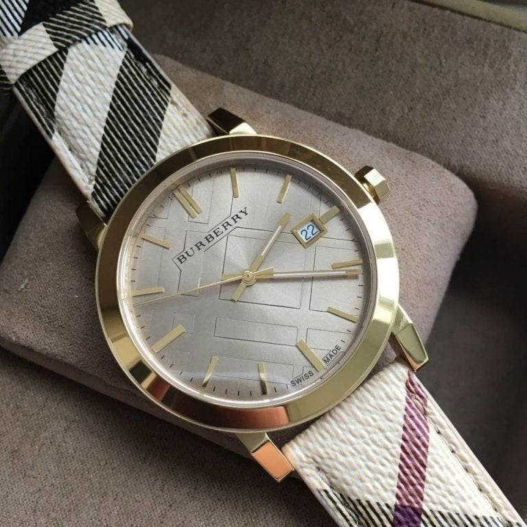 Burberry The City Gold Dial Haymarket Brown Leather Strap Watch for Women - BU9026 Buy Now By Burberry