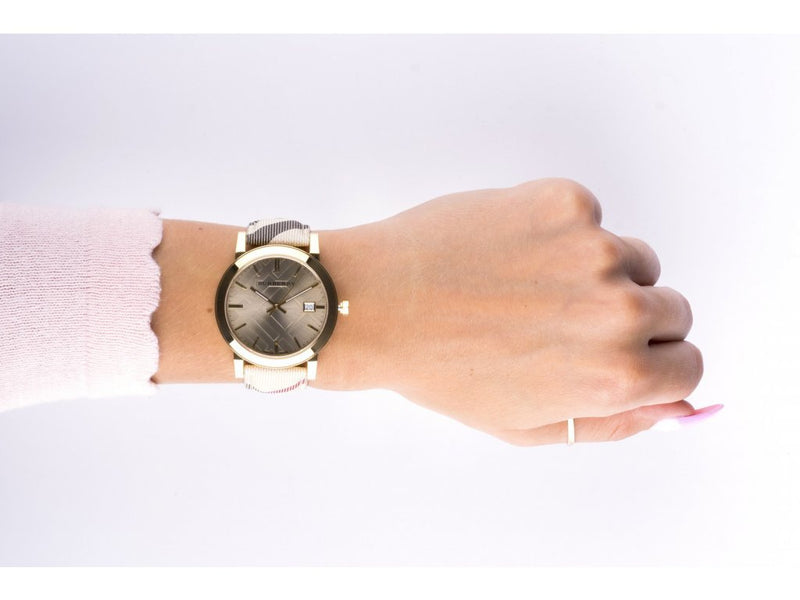 Burberry The City Gold Dial Haymarket Brown Leather Strap Watch for Women - BU9026 Buy Now By Burberry